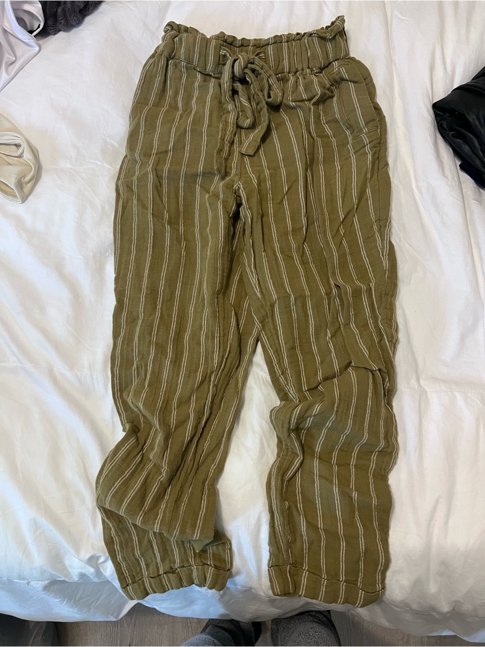 Olive Striped Drawstring linen Joggers
